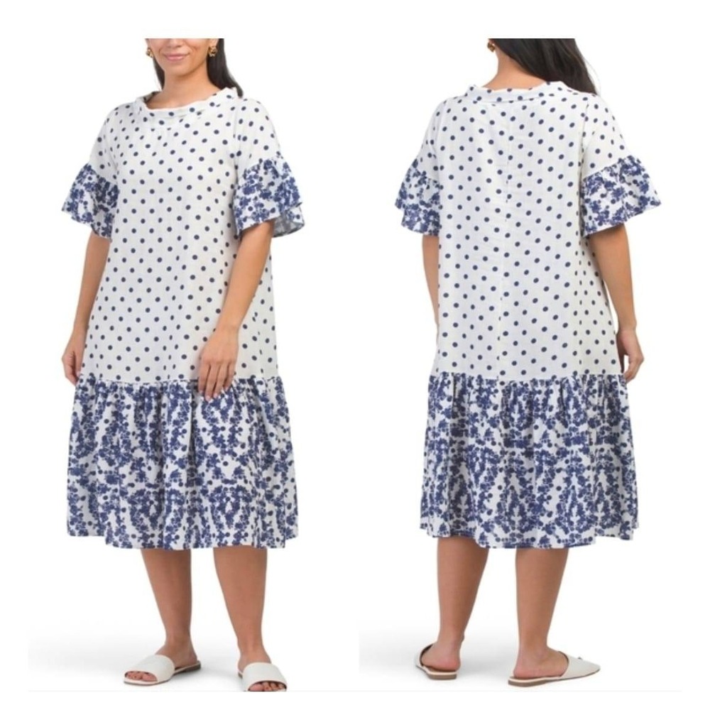 Le Ragazze Italian Product Navy White Polka Dot Embroidered Dress XL‎